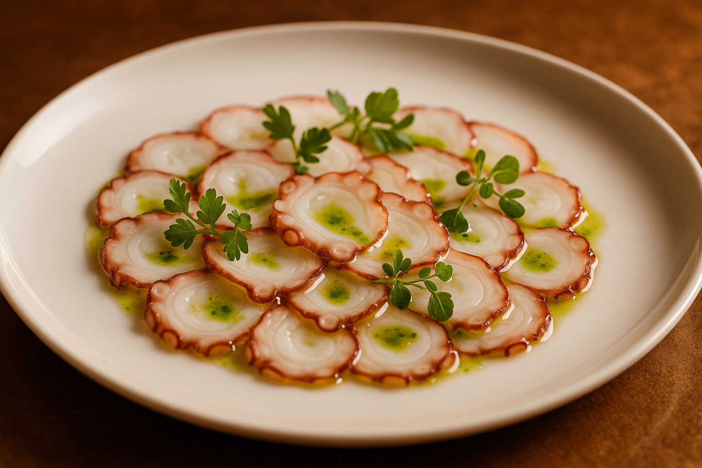 pulpo cortado en finas laminas con salsa al olivo