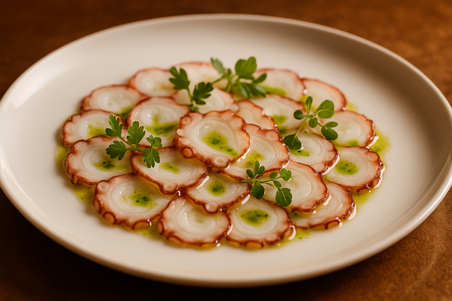 pulpo cortado en finas laminas con salsa al olivo